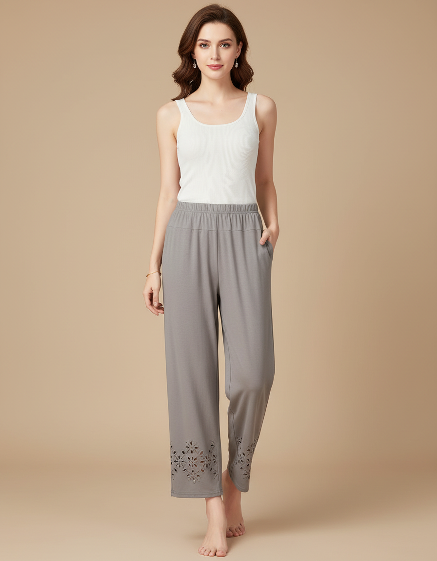 Pantalon Fluide Gris Ample Découpé Cheville Décontracté - Viscose