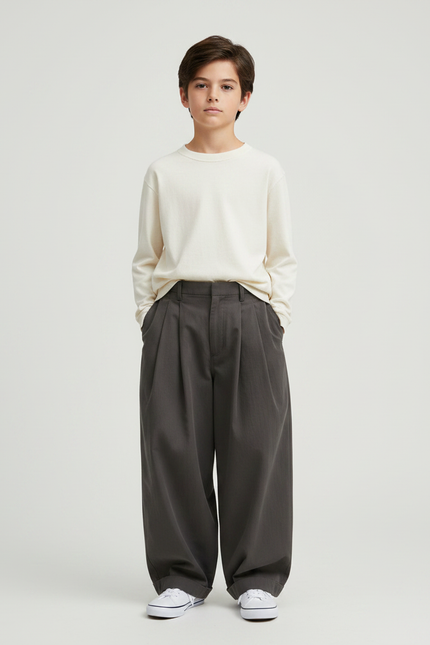 Pantalon Fluide Ample Gris Foncé Décontracté Garçon - Gabardine