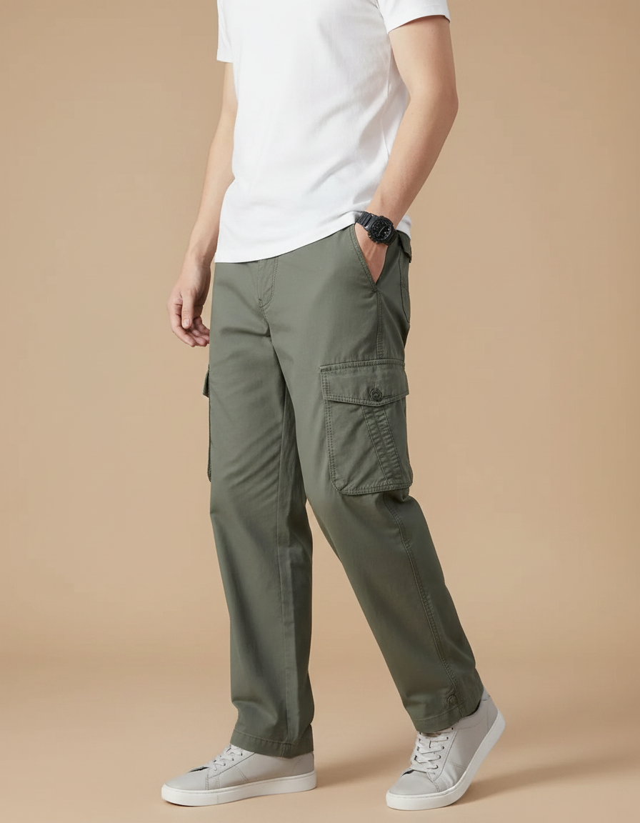 Pantalon Fluide Cargo Coton Vert Ample Décontracté