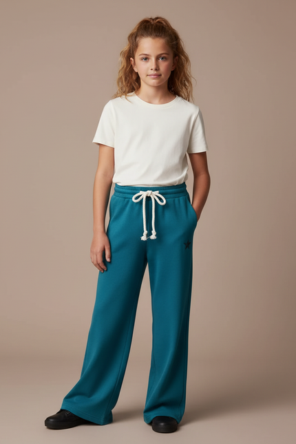 Pantalon Fluide Émeraude Ample Molleton Cordon Fille - Vert