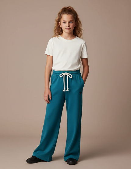 Pantalon Fluide Émeraude Ample Molleton Cordon Fille - Vert