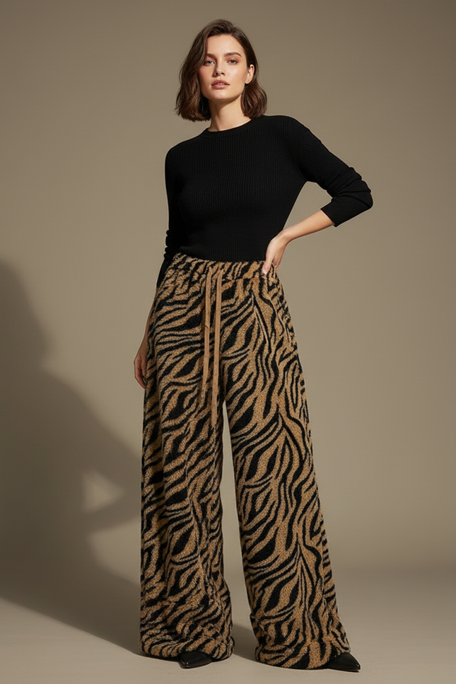 Pantalon Fluide Zèbre Marron Ample Doux Cordon - Maille
