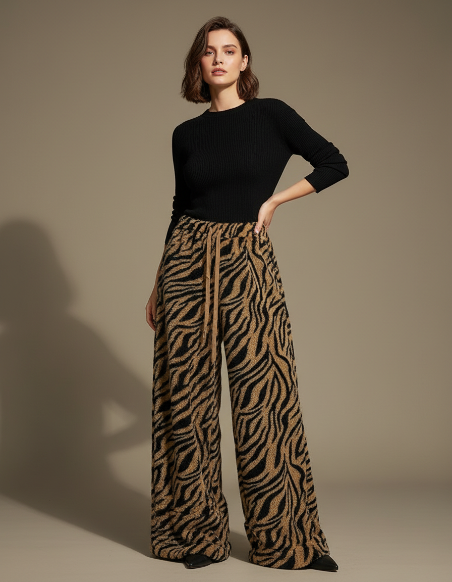 Pantalon Fluide Zèbre Marron Ample Doux Cordon - Maille