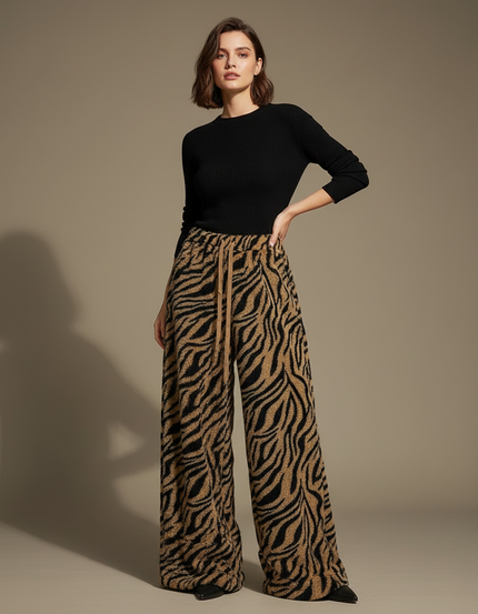 Pantalon Fluide Zèbre Marron Ample Doux Cordon - Maille