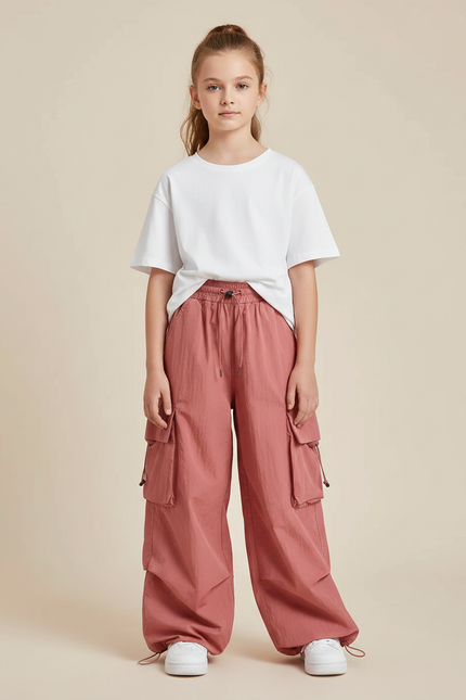 Pantalon Fluide Rose Cargo Ample Fille Décontracté - Polyester