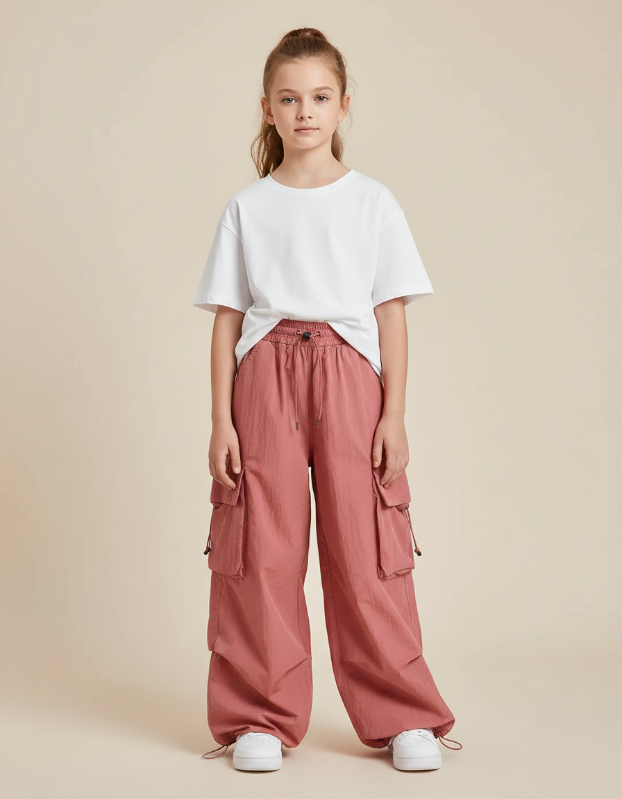 Pantalon Fluide Rose Cargo Ample Fille Décontracté - Polyester