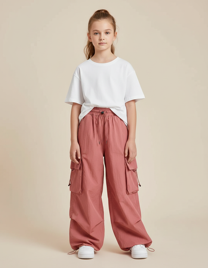 Pantalon Fluide Rose Cargo Ample Fille Décontracté - Polyester