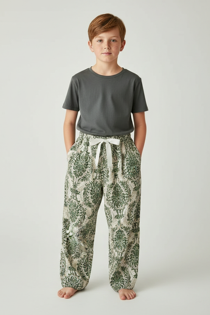Pantalon Fluide Vert Imprimé Baroque Ample Enfant - Viscose