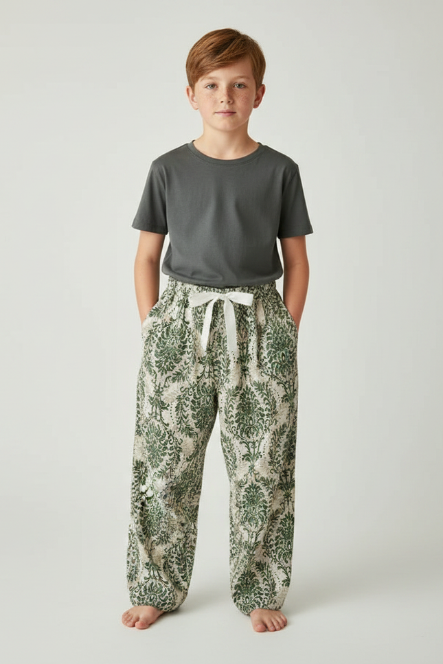 Pantalon Fluide Vert Imprimé Baroque Ample Enfant - Viscose