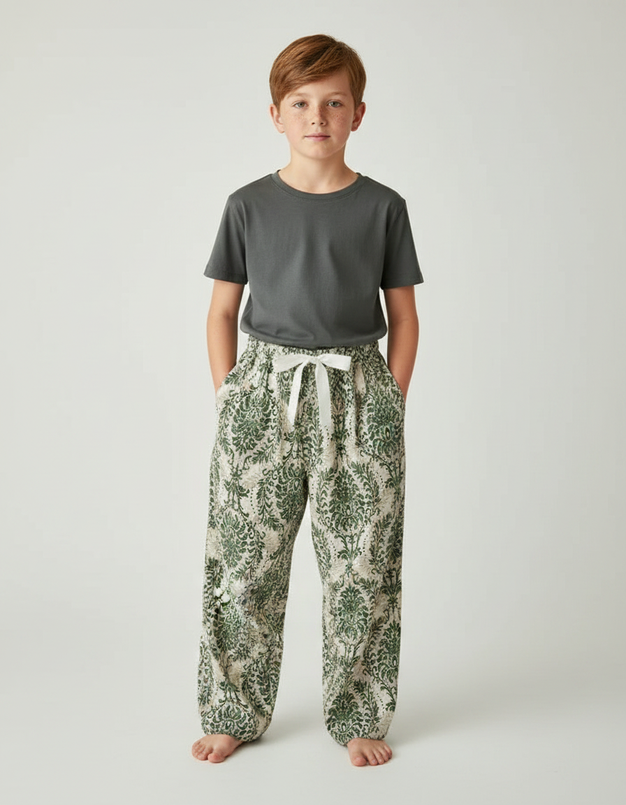Pantalon Fluide Vert Imprimé Baroque Ample Enfant - Viscose