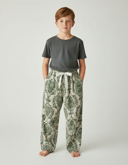 Pantalon Fluide Vert Imprimé Baroque Ample Enfant - Viscose