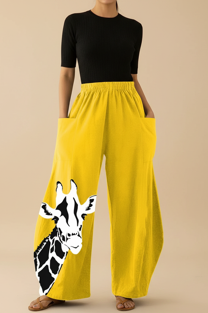 Pantalon Fluide Jaune Ample Imprimé Girafe Décontracté - Lin