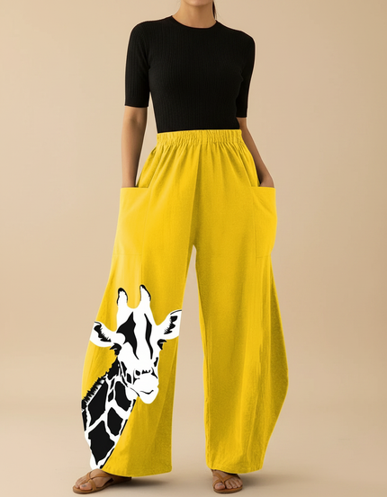 Pantalon Fluide Jaune Ample Imprimé Girafe Décontracté - Lin