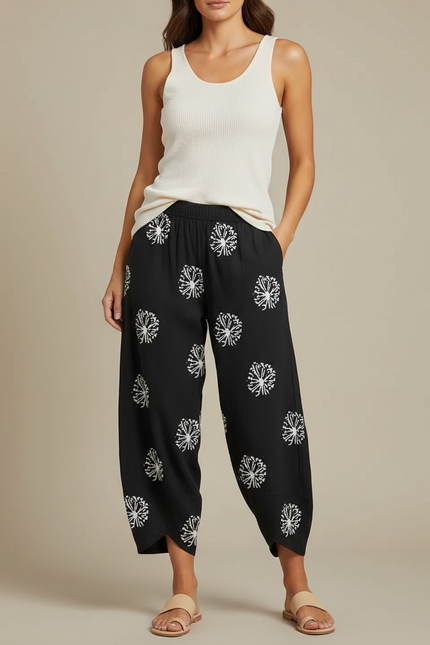 Pantalon Fluide Noir Ample Motif Floral Décontracté Femme - Viscose