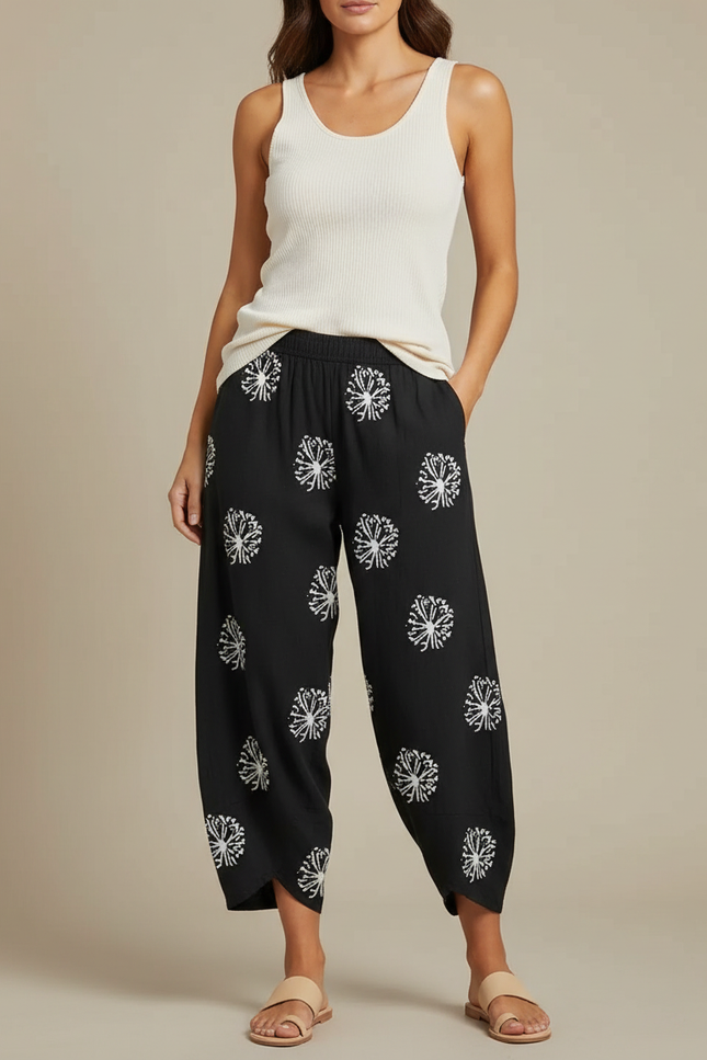 Pantalon Fluide Noir Ample Motif Floral Décontracté Femme - Viscose