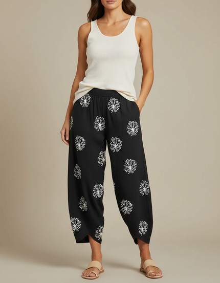 Pantalon Fluide Noir Ample Motif Floral Décontracté Femme - Viscose