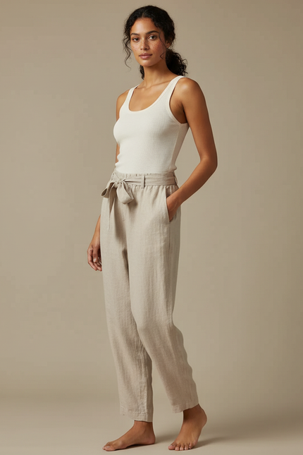 Pantalon Fluide Lin Beige Ample Cordon Décontracté