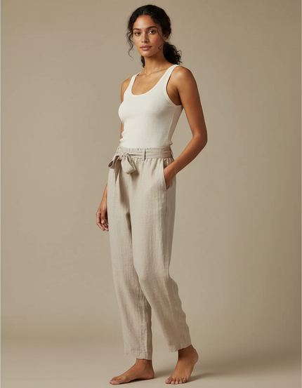 Pantalon Fluide Lin Beige Ample Cordon Décontracté