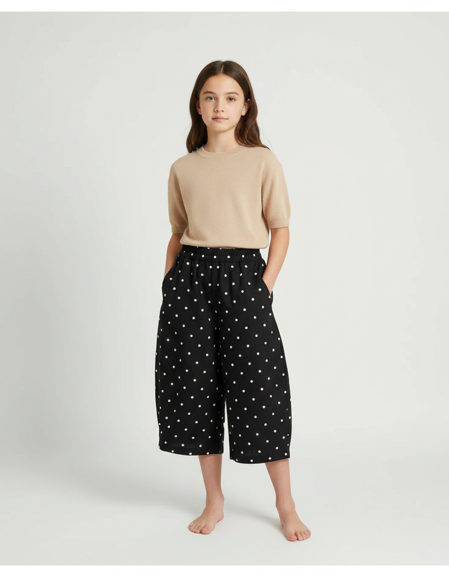 Pantalon Fluide Noir Pois Blancs Ample Coton Enfant