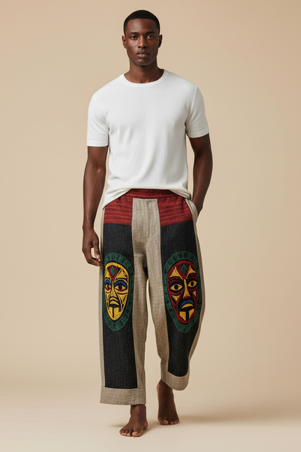 Pantalon Fluide Ethnique Ample Imprimé Totem Confortable - Multicolore Lin