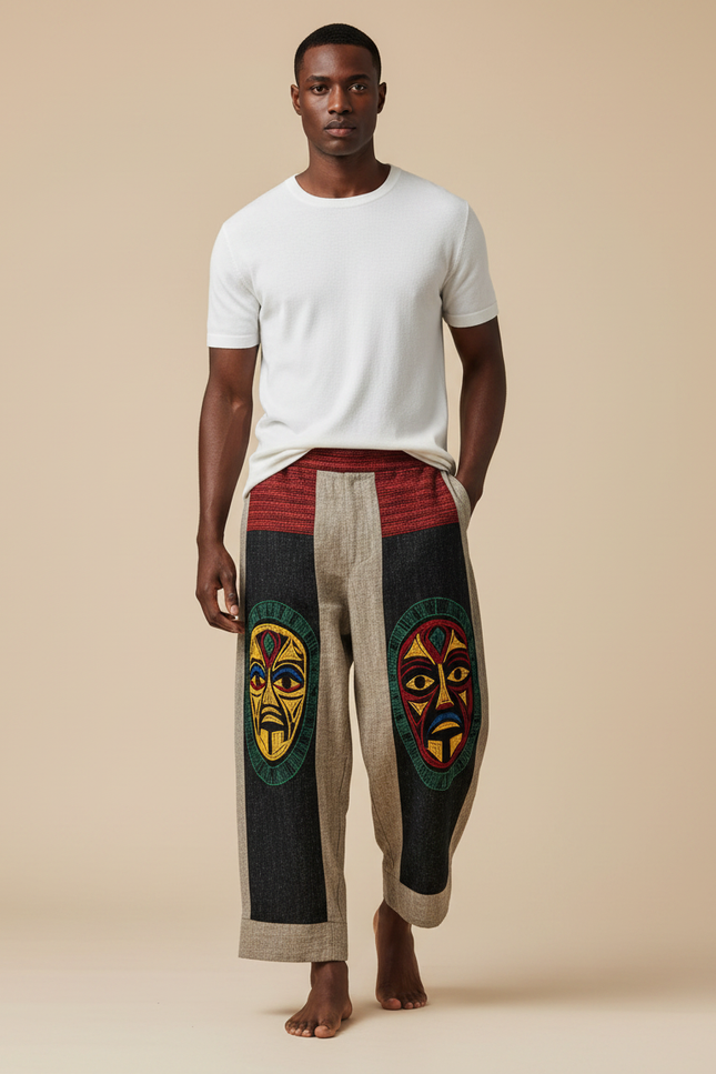 Pantalon Fluide Ethnique Ample Imprimé Totem Confortable - Multicolore Lin