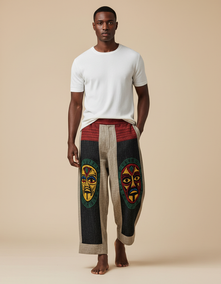 Pantalon Fluide Ethnique Ample Imprimé Totem Confortable - Multicolore Lin