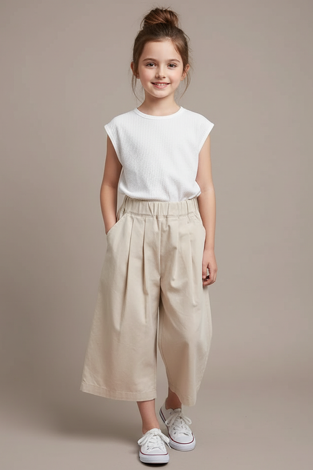 Pantalon Fluide Beige Plissé Ample Fille Décontracté - Toile