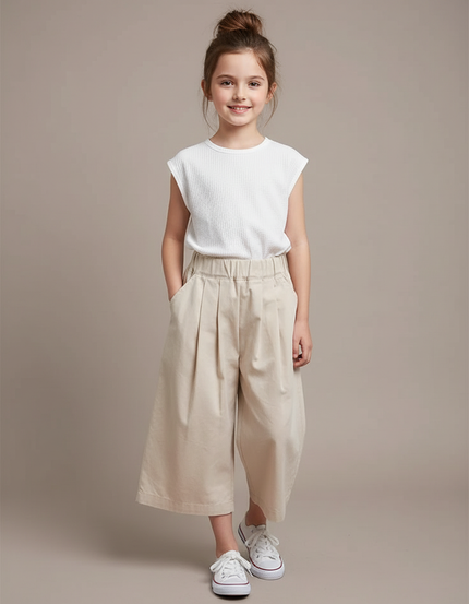 Pantalon Fluide Beige Plissé Ample Fille Décontracté - Toile