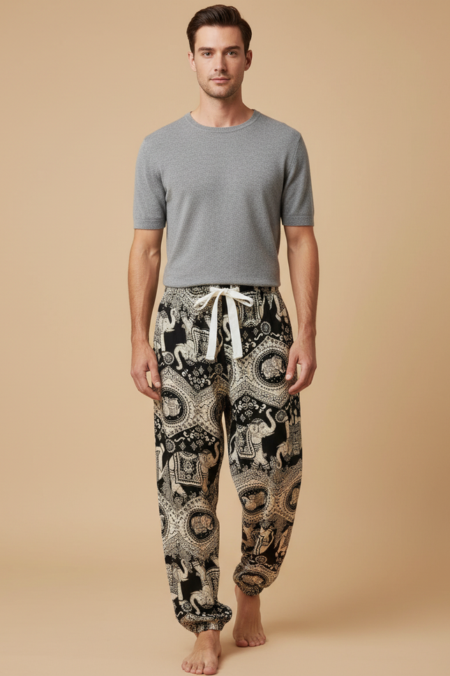 Pantalon Fluide Noir Imprimé Éléphants Ample Coton Homme