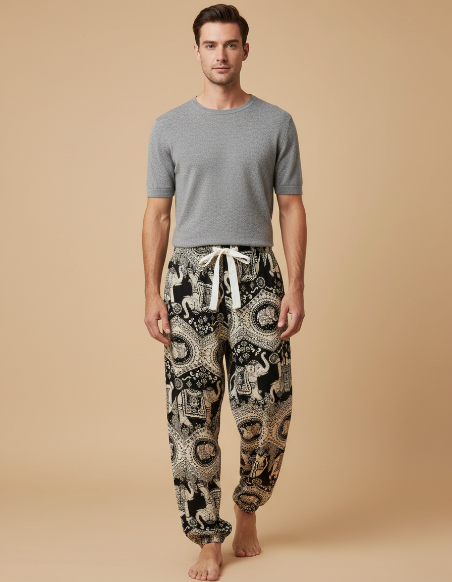 Pantalon Fluide Noir Imprimé Éléphants Ample Coton Homme