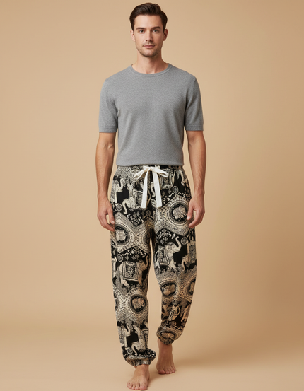 Pantalon Fluide Noir Imprimé Éléphants Ample Coton Homme