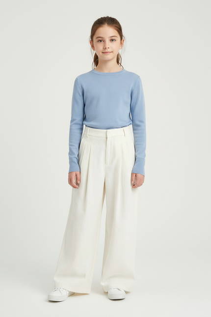 Pantalon Fluide Écru Ample Plissé Décontracté Enfant - Beige Toile