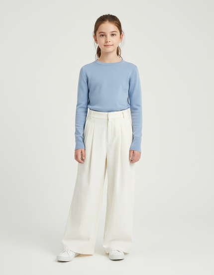 Pantalon Fluide Écru Ample Plissé Décontracté Enfant - Beige Toile