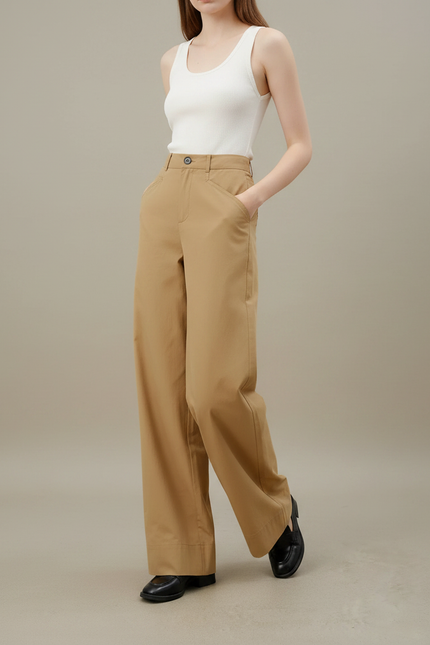 Pantalon Fluide Kaki Coton Droit Décontracté Élégant