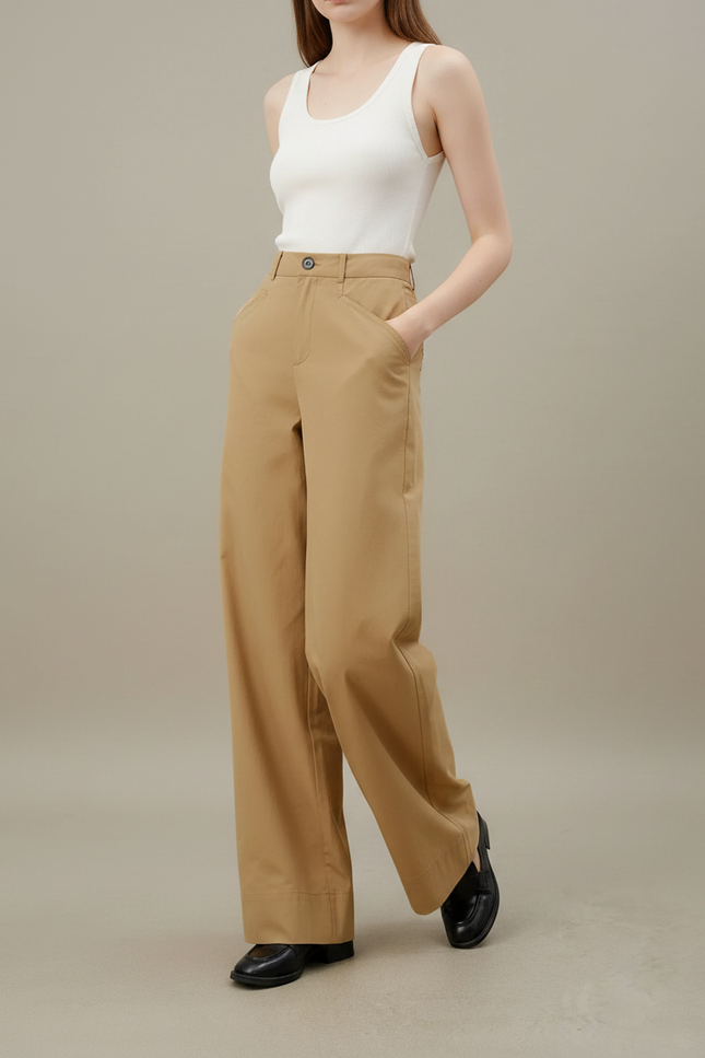Pantalon Fluide Kaki Coton Droit Décontracté Élégant