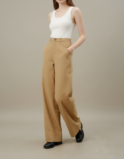 Pantalon Fluide Kaki Coton Droit Décontracté Élégant