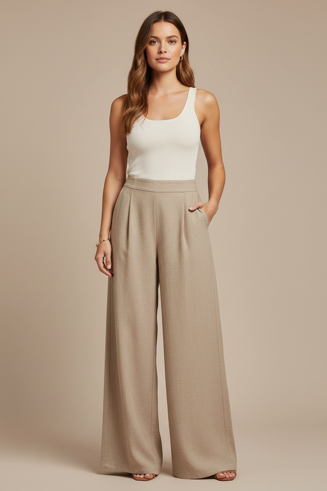 Pantalon Fluide Beige Ample Taille Haute Décontracté - Viscose