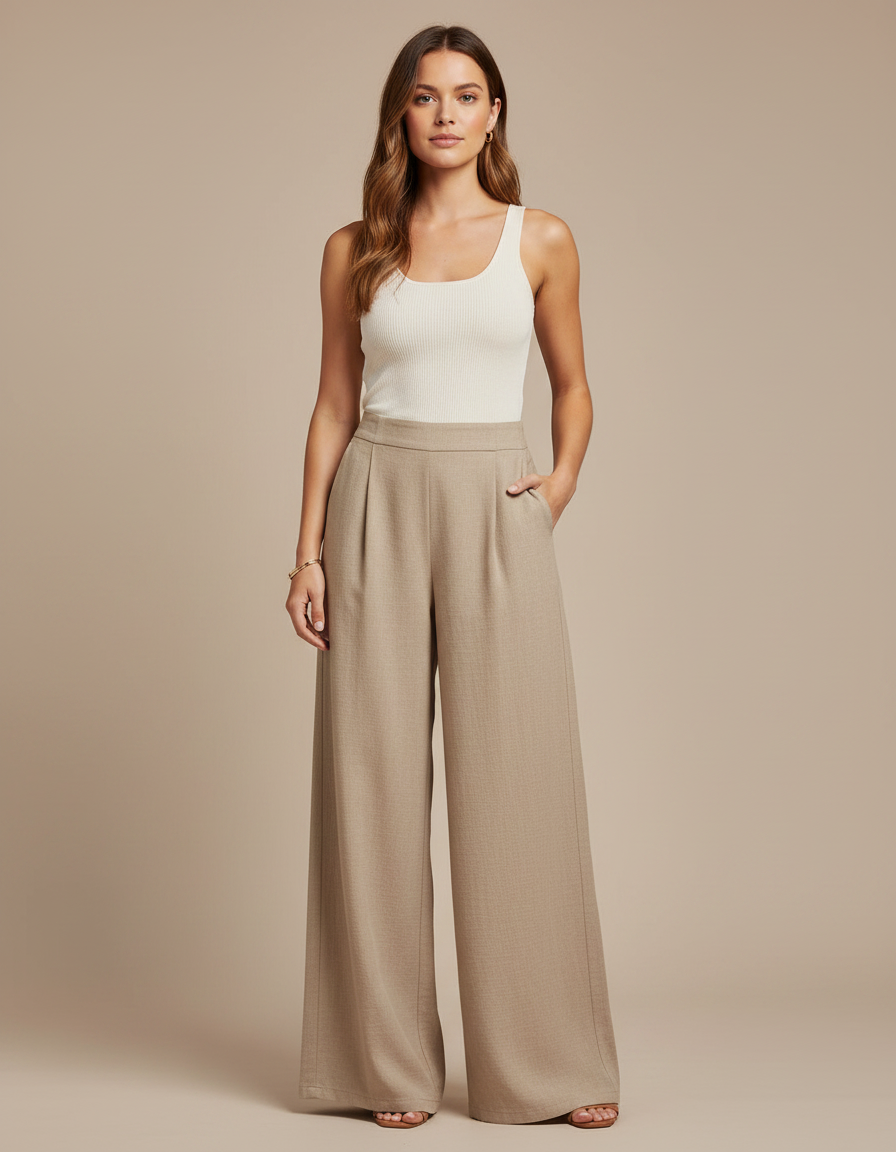 Pantalon Fluide Beige Ample Taille Haute Décontracté - Viscose