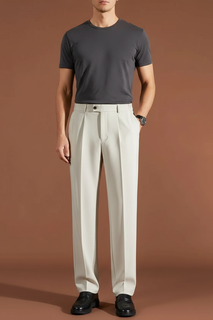 Pantalon Fluide Beige Plissé Élégant Droit Homme - Polyester