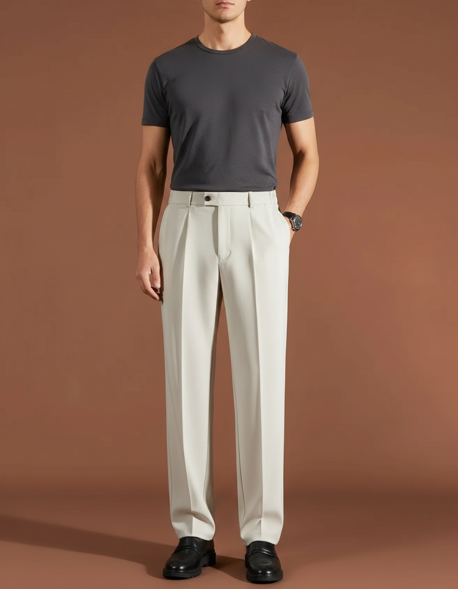 Pantalon Fluide Beige Plissé Élégant Droit Homme - Polyester