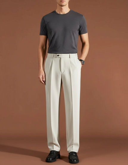 Pantalon Fluide Beige Plissé Élégant Droit Homme - Polyester