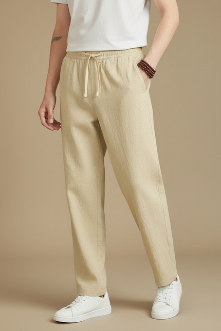 Pantalon Fluide Beige Coton Lin Ample Décontracté Homme