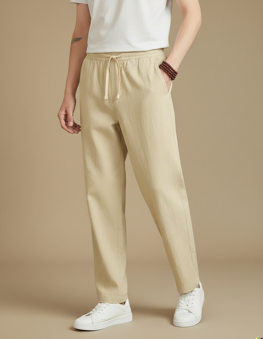 Pantalon Fluide Beige Coton Lin Ample Décontracté Homme