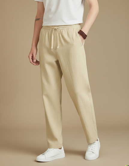 Pantalon Fluide Beige Coton Lin Ample Décontracté Homme