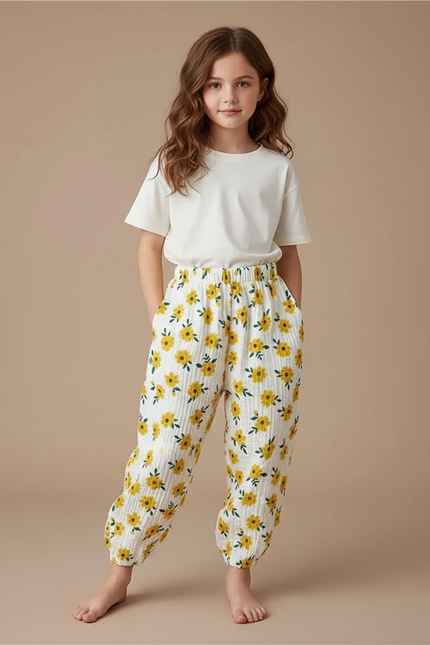 Pantalon Fluide Blanc Imprimé Tournesols Muslin Ample - Coton