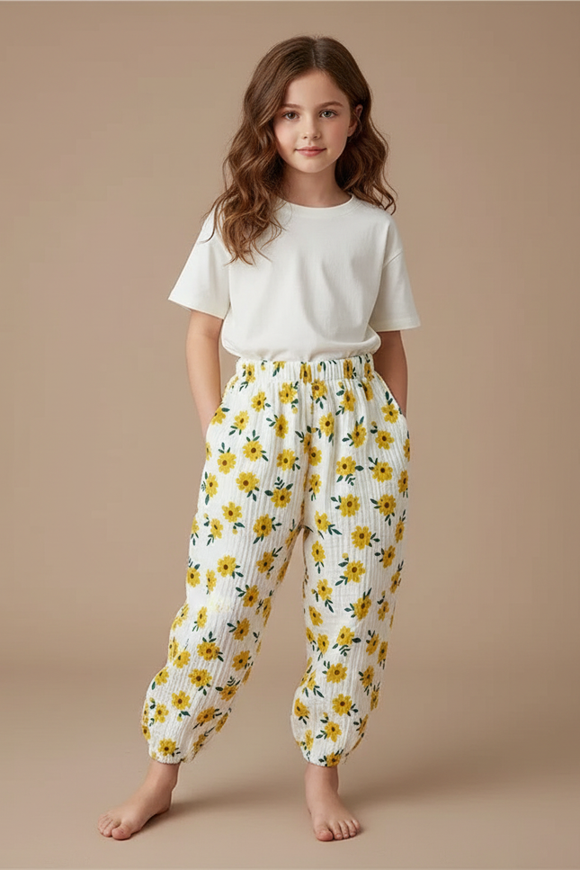 Pantalon Fluide Blanc Imprimé Tournesols Muslin Ample - Coton