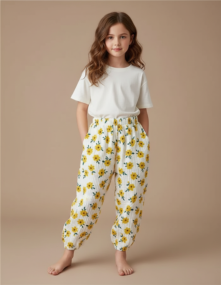 Pantalon Fluide Blanc Imprimé Tournesols Muslin Ample - Coton