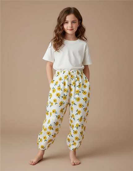Pantalon Fluide Blanc Imprimé Tournesols Muslin Ample - Coton