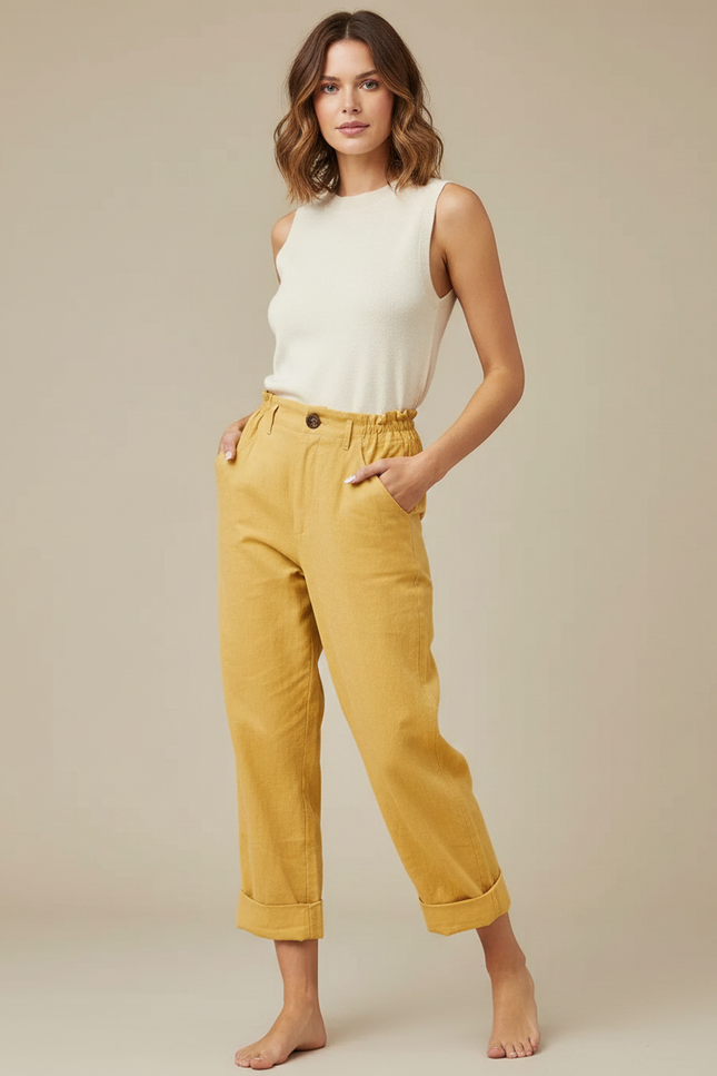 Pantalon Fluide Jaune Moutarde Coton Lin Ample Décontracté