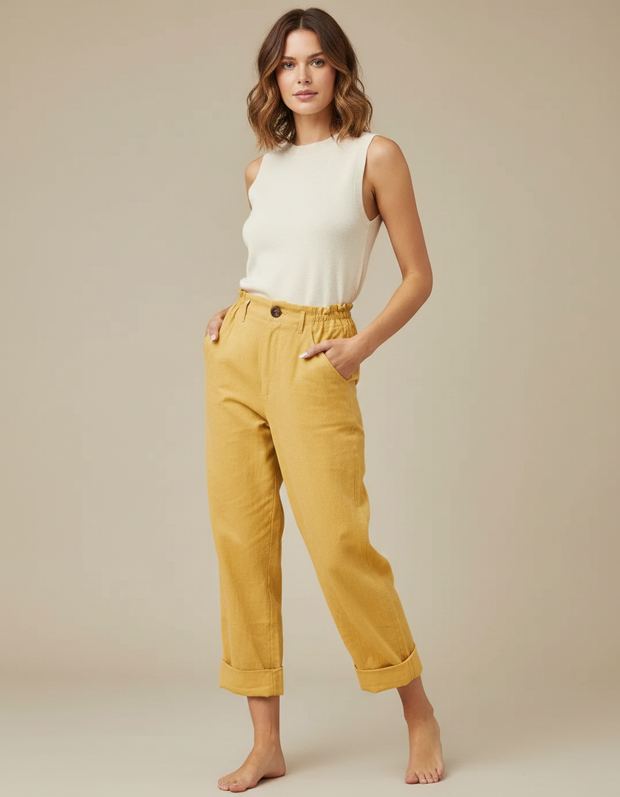 Pantalon Fluide Jaune Moutarde Coton Lin Ample Décontracté